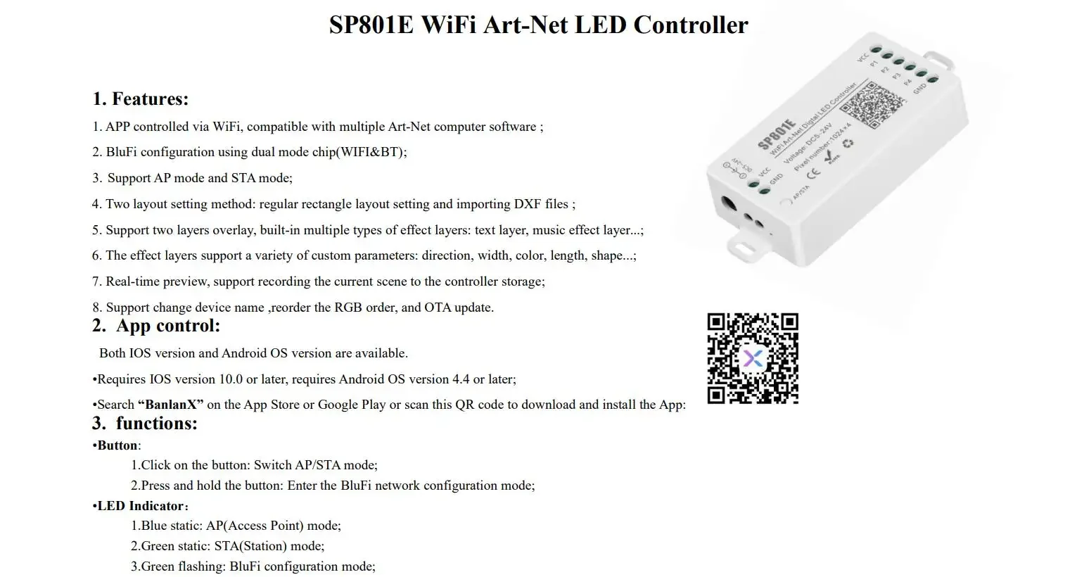Controlador LED SP801E WiFi Art-Net para módulo de Panel de matriz LED tira de luz LED a través de Control de aplicación modo AP/modo STA DC5V-24V