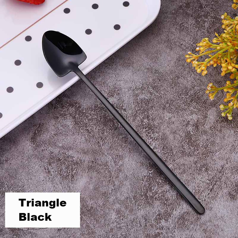 304 Roestvrij Staal Koffie Lepel Creatieve Plating Ijs Lepels Lange Steel Thee Lepels Keuken Gereedschap Drinken Bestek Kleurrijke: Triangle Black