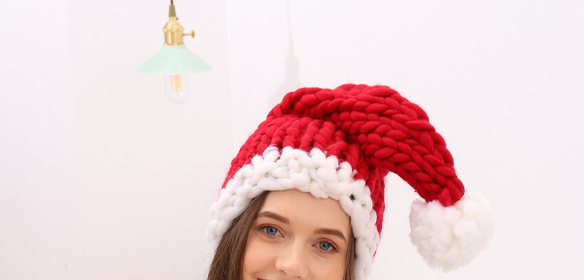 Gorros navideños de Papá Noel, gorro de lana de punto hecho a mano con cola larga, cálido para invierno, decoración para niñas y mujeres: Rojo