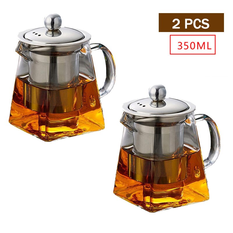 Tetera de café de vidrio resistente al calor, recipiente Infusor de acero inoxidable, calentador, tetera transparente, filtro cuadrado, cestas: 350ML 2PCS