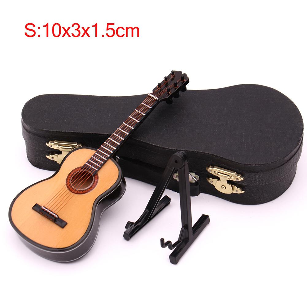 Mini klassisk guitar miniature model træ mini musikinstrument model bord dekoration ornament med kasse beslag stander: S 10cm