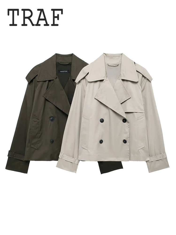 Traf Casual Stijl Korte Jas Top Voor Vrouw Dubbele Rij Knopen Damesjack Met Lange Mouwen Twee Kleuren Dagelijkse Bovenkleding