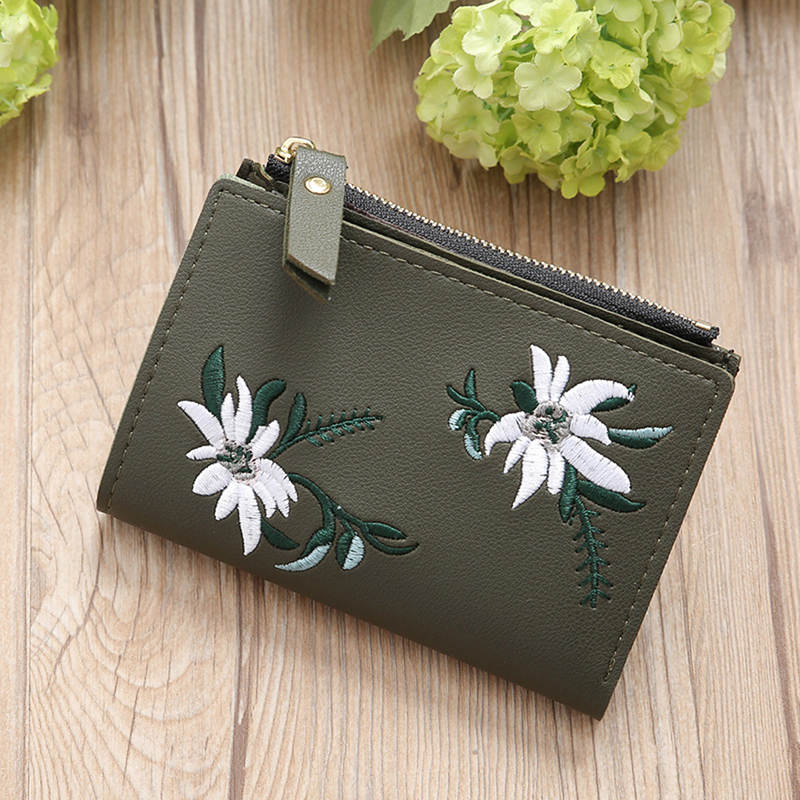 Embroidery Short Wallet Leather Clutch Wallets Female Floral Hasp Coin Purse Small Zipper Bag Credit Card Holders: Dark green