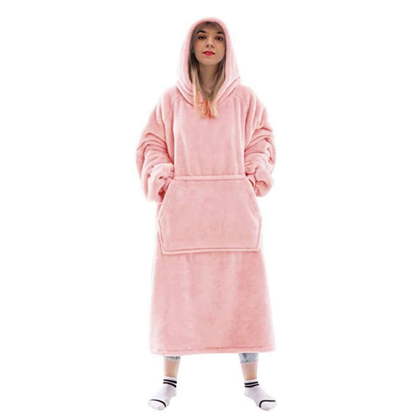 Flannel thickened warmth can wear blanket big hoodie household kangaroo pocket long sweatshirt: Pink