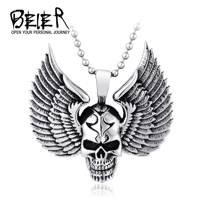 Beier Roestvrij Stalen Schedel Hanger Ketting Voor Man Punk Wing Sieraden Goede Detail Choker BP8-766