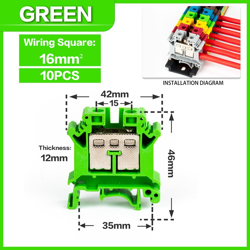 10 Stuks Din Rail Terminal Blok UK-16N Connductor Universele Klasse Schroef Draad Connector Strips Demonteren Montage: Green-10PCS