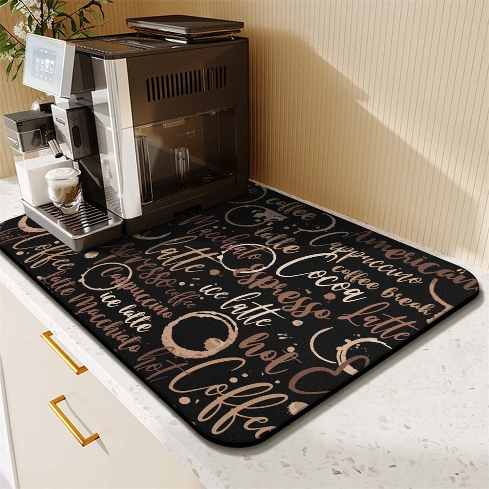 Kaffemenu mønster opvaskemåtte skridsikker superabsorberende spisebord køkkentæppe bordservice skrivebord afløbsmåtte dørmåtter: 45 x 70cm / Sort