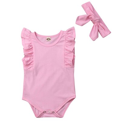 Infant Baby Mädchen Ärmellose Einfarbig Rüschen Body Body Neugeborenen Sommer Casual Kleidung + Stirnband Outfits 6-24 Monat a20: Rosa / 6m
