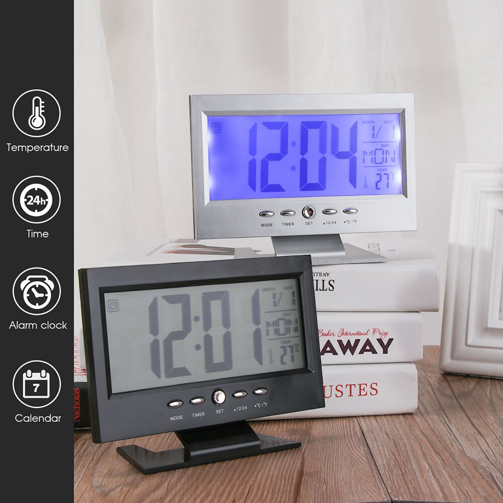 1PC Digitale Wekker LCD Display Kalender Voice Control Snooze Modus Thermometer Temperatuur Timer Desktop Ornament