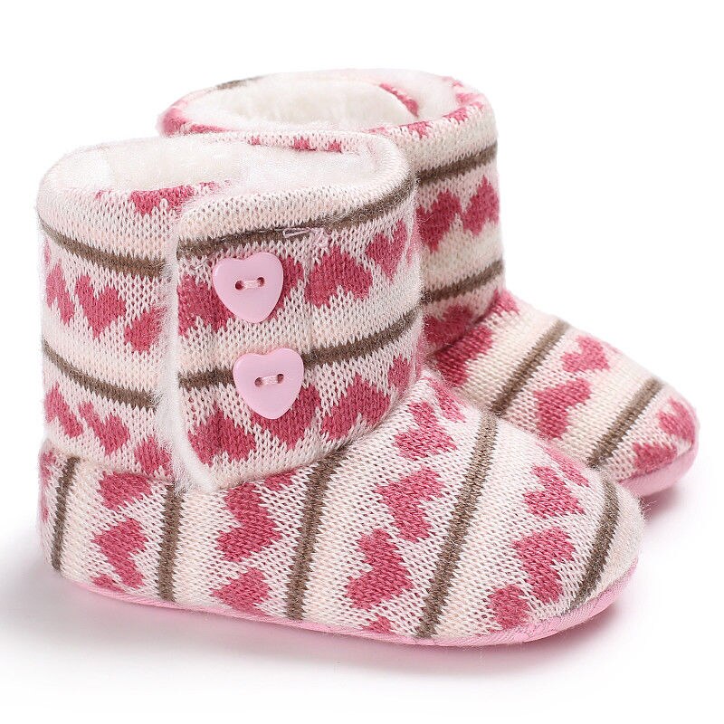 Winter Warm Boots Baby Boy Girl Newborn Toddler Lovely Furry Shoes Heart Shape Button Anti-slip Soft Knitted Slippers