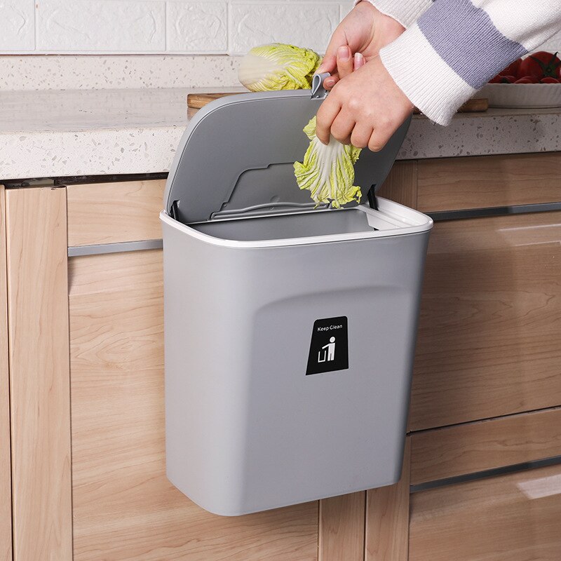 Hanging Trash Can for Kitchen Cabinet Door with Lid Wall Mounted Counter Waste Bin Plastic TI99