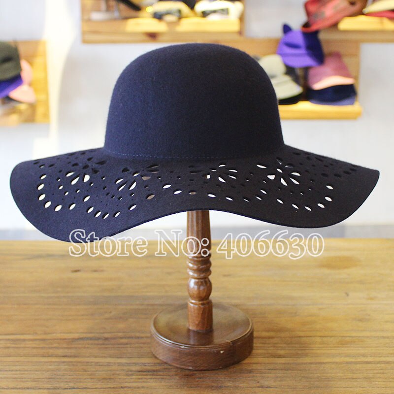 Large Brim Wool Felt Floppy Hats For Women Ladies Sun Beach Caps Female Chapeu PWFE010: navy blue