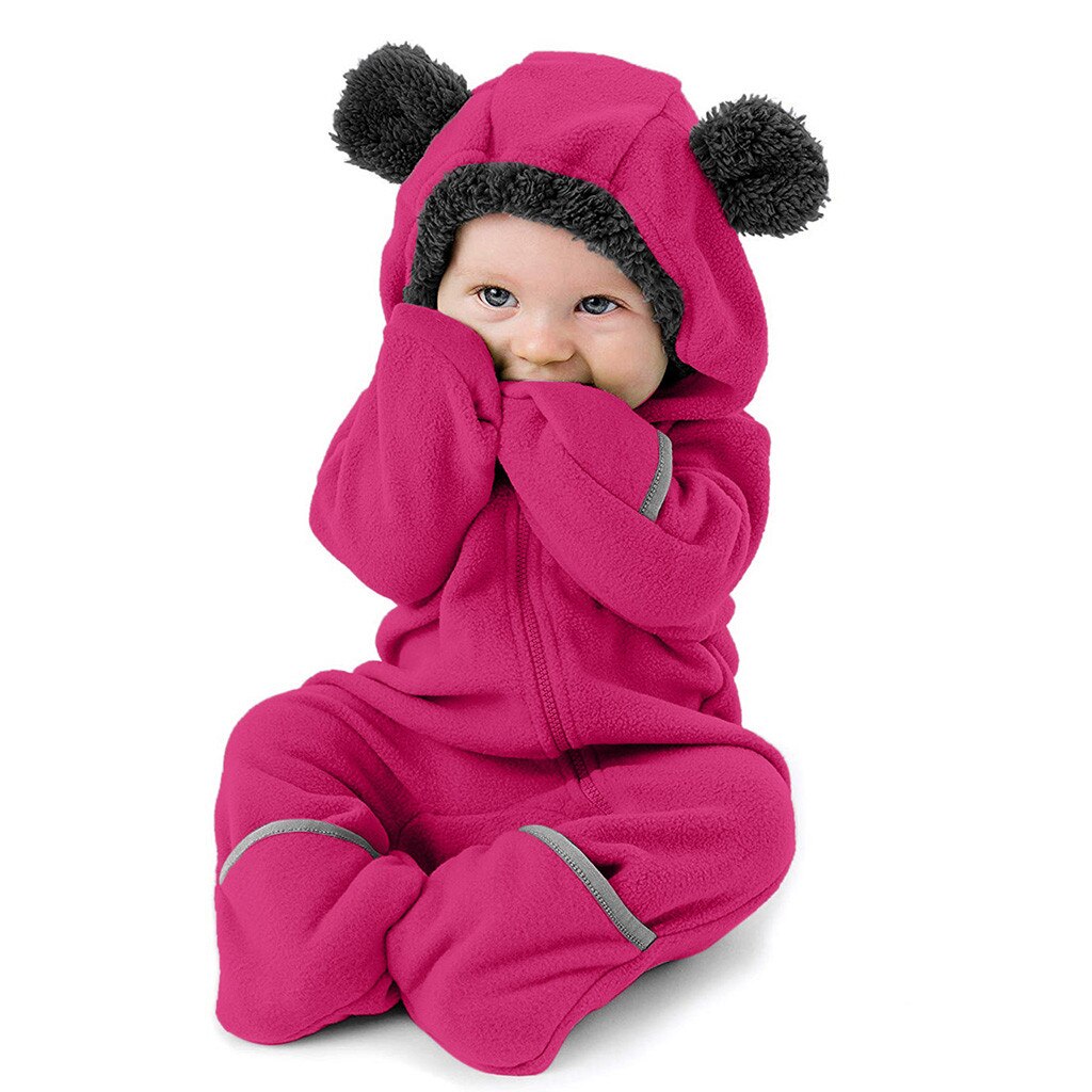 Baby Jumpsuit Romper Baby Baby Meisjes Jongens Solid Cartoon Fleece Oren Hoodie Romper Kleding Jumpsuit: Hot pink / 0-3 Months