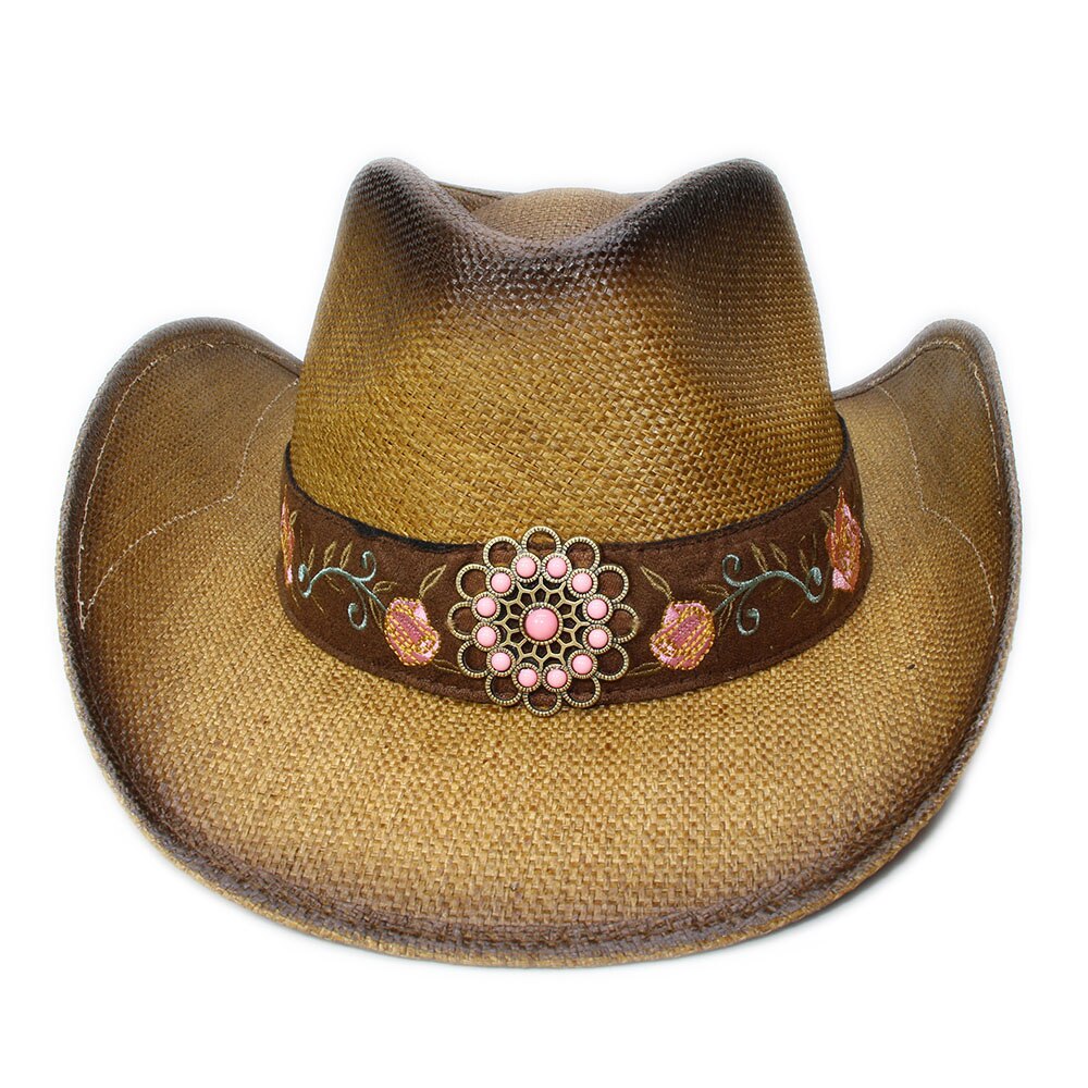 Retro kvinnor män unisex vintage hårt strå bred brätte strand cowboy cowgirl western hatt turkos blomband 58cm