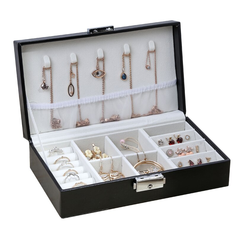 Leather Jewelry Organizer Ring Pendant Earrings Necklace Storage Box Women Jewelry Display Boxes Cosmetics Beauty Container Case: Black