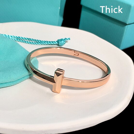 Brazalete de acero inoxidable versión Delgada y gruesa T 1, reflejo de espejo, Color oro rosa, pulseras abiertas para mujer, joyería LB017: Rose gold-Thick