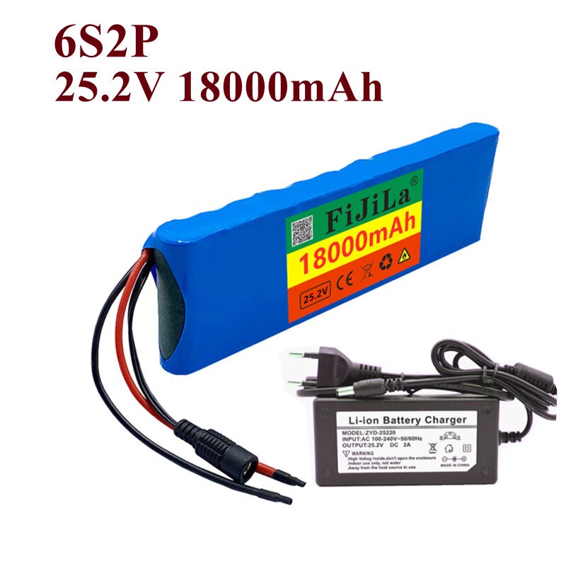 24V 18000mAh 6S2P 18650 Lithium Battery Pack 25.2V 18000mAh With BMS For Electric Bicycle Moped + 2A Batteries Charger