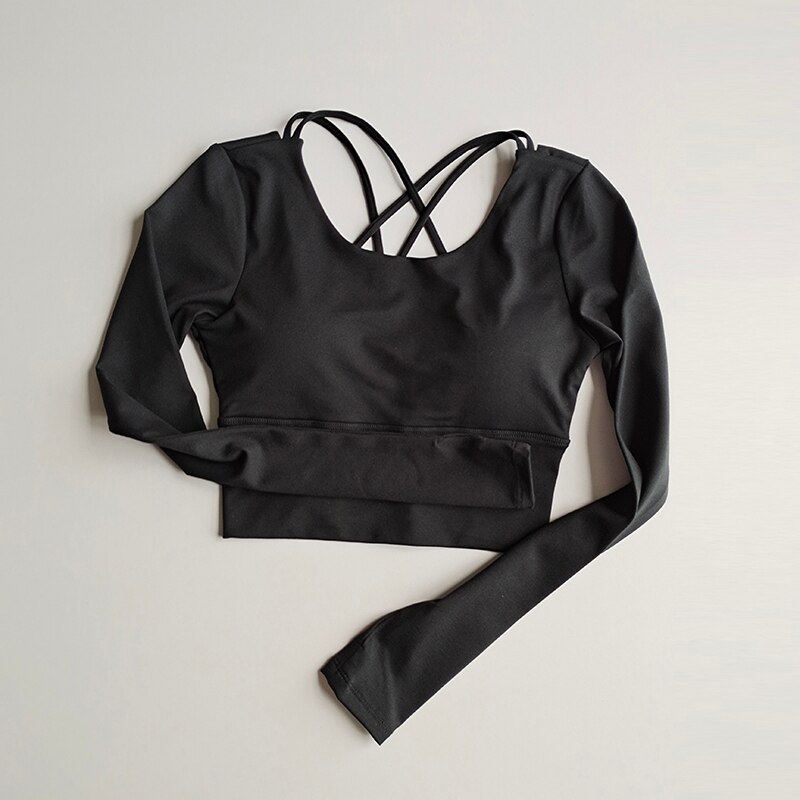 Yoga Shirts Workout Open Back Top Lange Mouw Crop Top Vrouwen Lente Herfst Gym Cross Terug Sport Shirt Korte Mouw zomer: Black / S