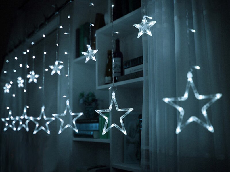 Jul fe lys festoon ledede streng lys stjerne krans på vinduet gardin indendørs træ dekoration halloween bryllup lys: Kold hvid