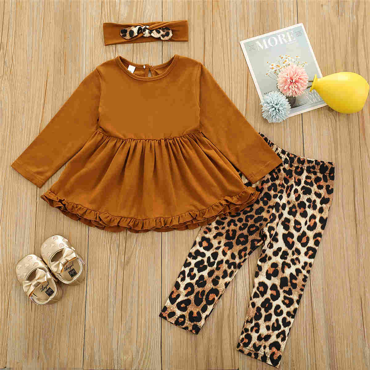 Infant Kids Baby Girl Long-sleeved Trousers Suit Solid Color Ruffles Shirt Leopard Elastic Long Pants and Headband 3pcs Set