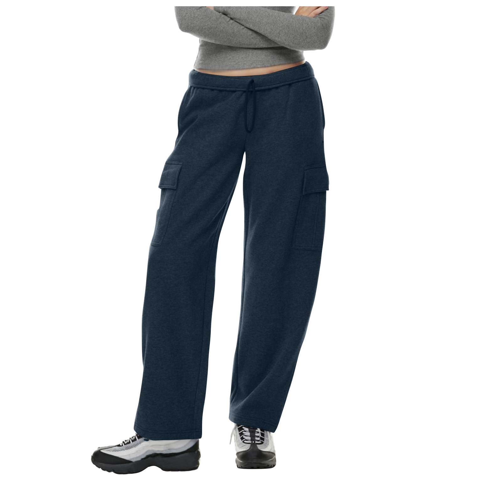 Dame joggingbukser med lige ben, løse, baggy bukser, højtaljede joggingbukser med lommer