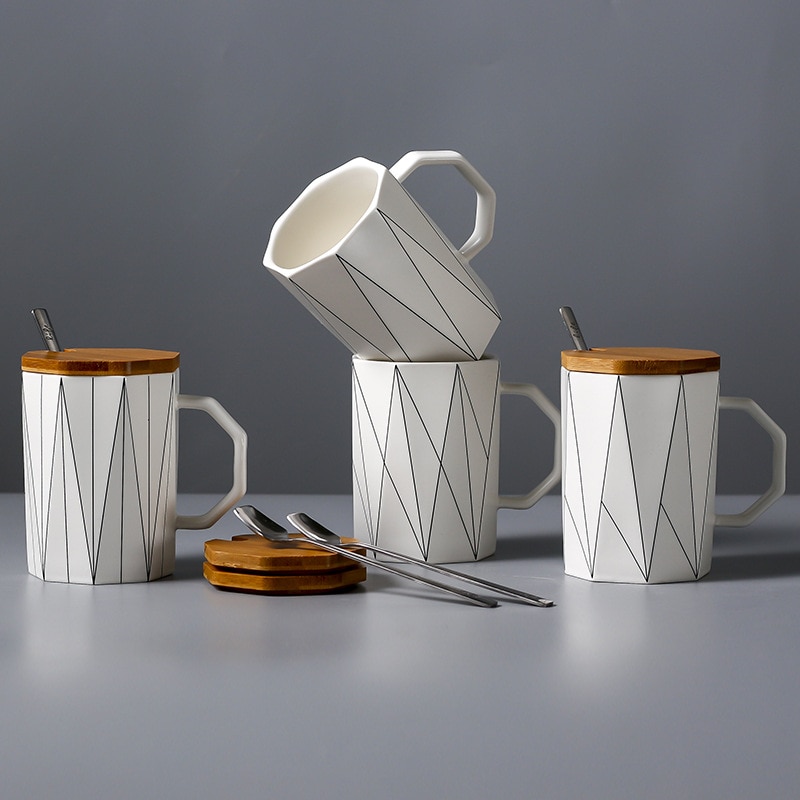 Taza geométrica mate creativa con tapa de bambú, cuchara de metal, tazas de cerámica de línea, para microondas Vaso de Leche, artículos para beber para el hogar y la Oficina, 400ml
