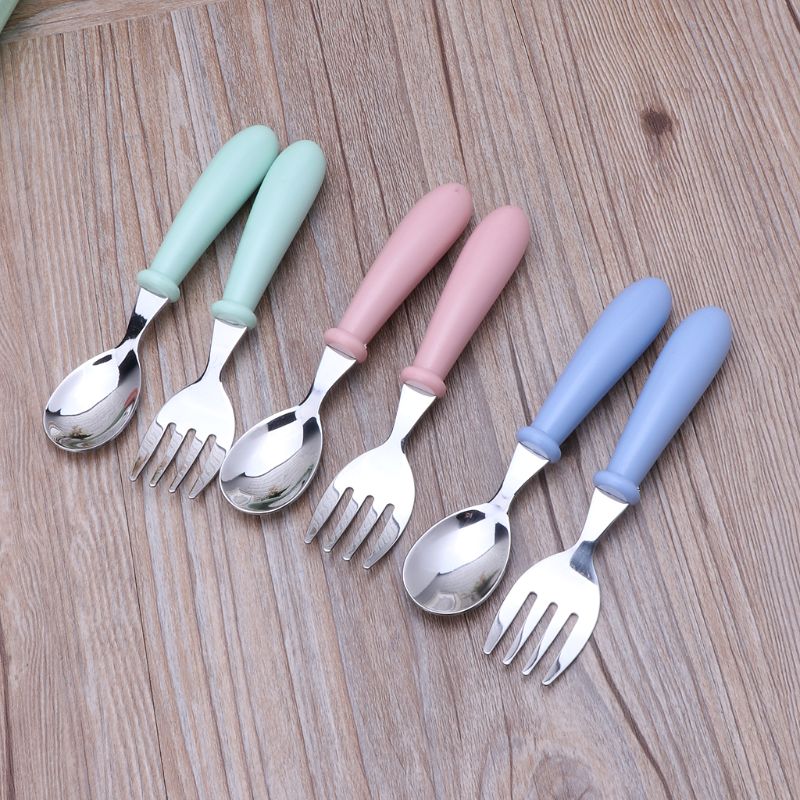 2pcs/lot Baby Feeding Spoon Fork Set Stainless Steel Toddler Infant Tableware Flatware Kids Cutlery with Ant-Dust Box
