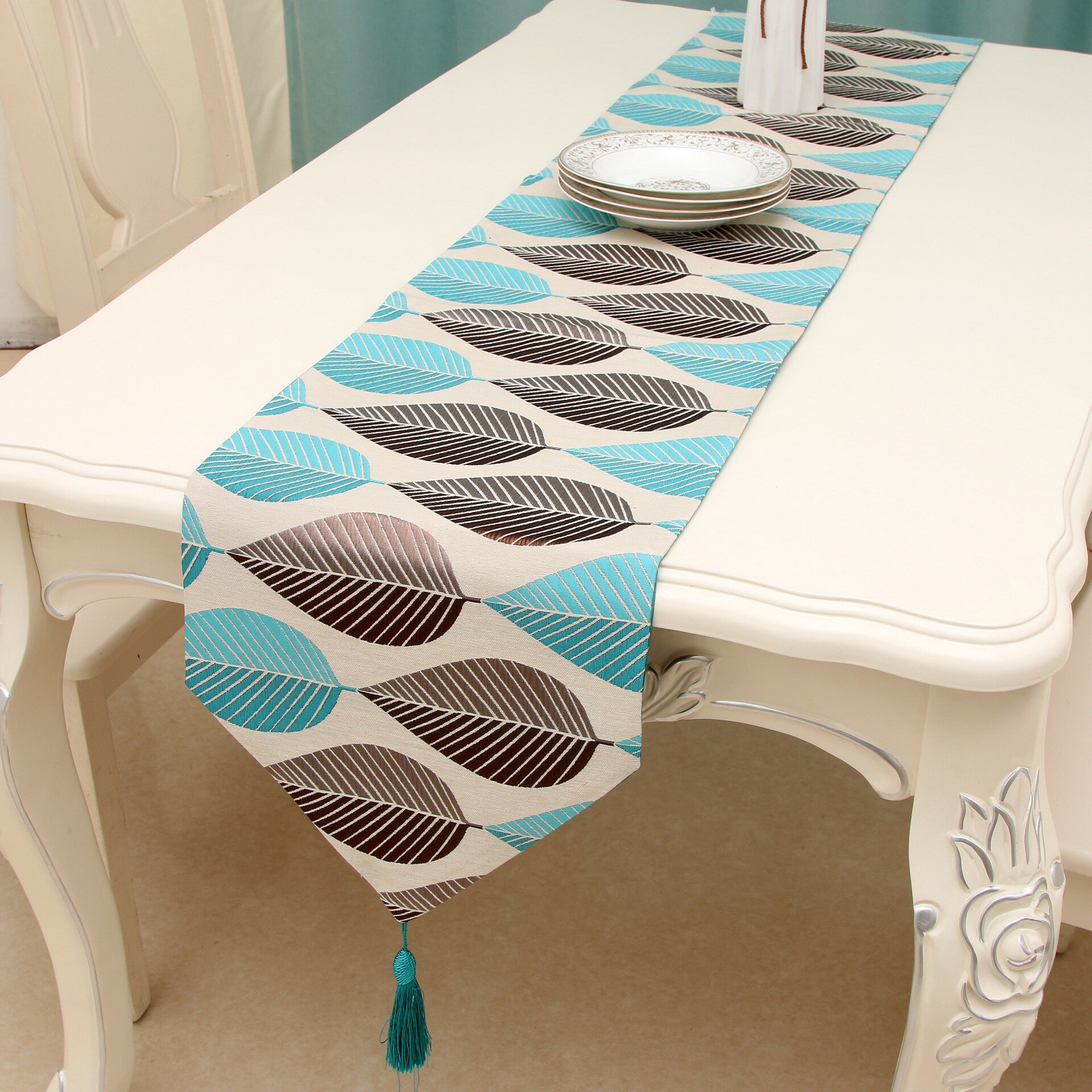 Chemin de table à double feuilles de style nord-américain et européen, chemin de table brodé, pour mariage, hôtel, dîner,: 32x120cm / blue