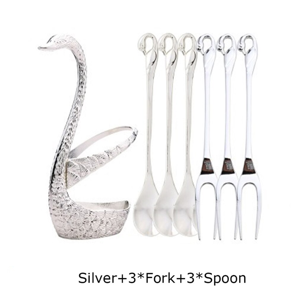 Base de cisne romántica, 7 piezas, vajilla de acero inoxidable para ensalada, postre, fruta, tenedores, cucharas de café, vajilla de cena, herramientas de cocina: Silve 3 Fork 3 Spoon