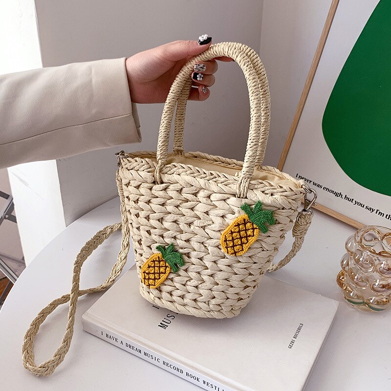 Bolso de hombro bohemio de ratán para mujer, bolsa de playa Kawaii de piña, bandolera práctica, 2022