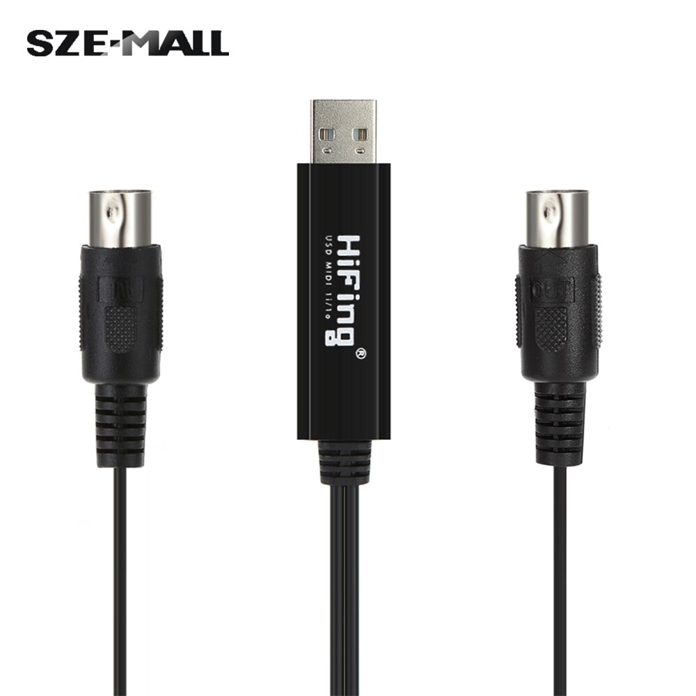 USB IN-OUT MIDI Cable One In One Out Interface 5 Pin Line Converter PC to Music Keyboard Adapter Cord Black