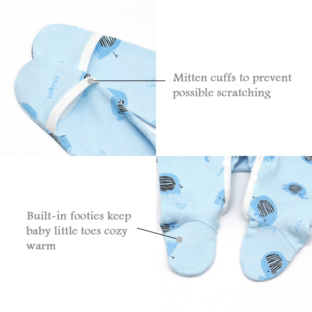 COBROO 100% Cotton Newborn Baby Girls Clothes 0-6 Months Baby Boy Footed Pajamas with Mitten Cuffs Newborn Sleepsuit Unisex Blue