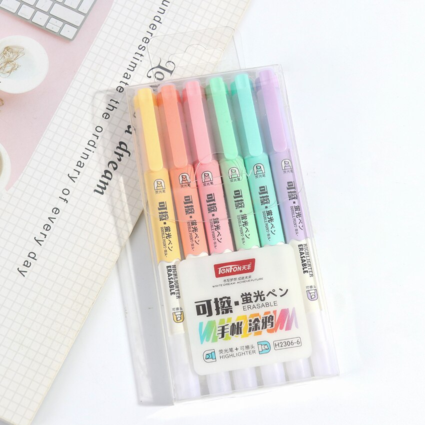 Rotuladores de resaltador de doble cabeza, Material de papelería Kawaii, útiles escolares de escritura, resaltador que se puede borrar, 6 uds.