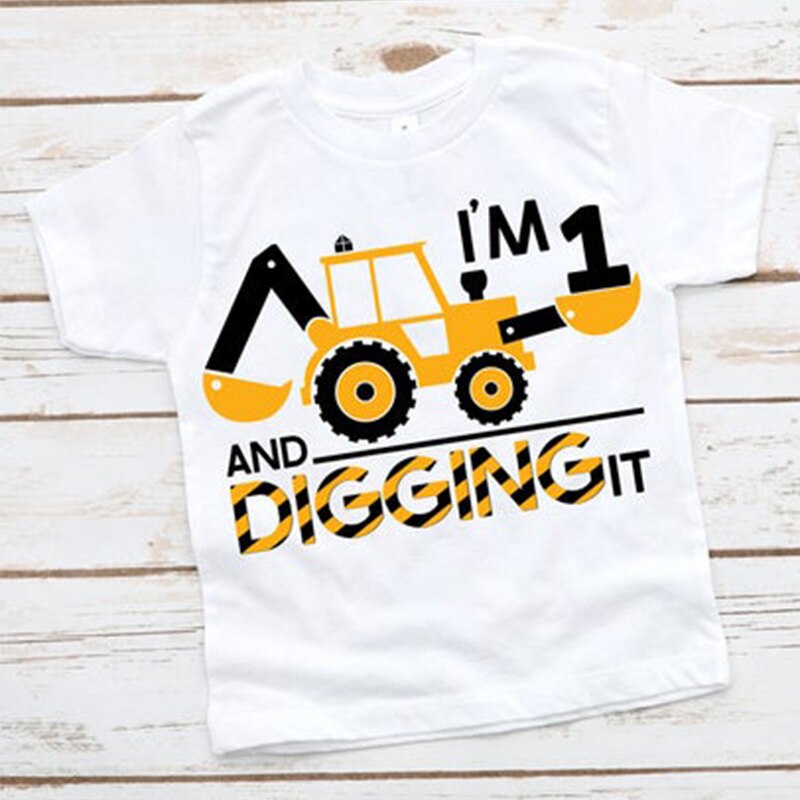 Construction Excavator digging theme boy 1st 2nd first second one two years old birthday party decoration shirt Photo props