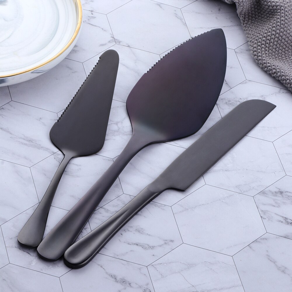 1/3PCS Stainless Steel Cake Shovel Set Bread Pizza Knife Dessert Pie Divider Cutter Spatula Server Baking Tool for Party Wedding: black set