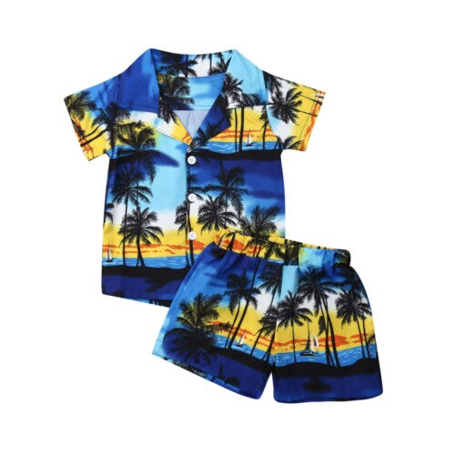 Crianças da criança meninos roupas de verão havaiano manga curta botão camisa + shorts beachwear 2 peças conjunto terno 1-6y: 5 T