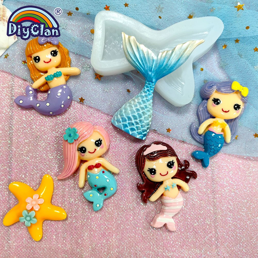 Moule sirène en Silicone pour décoration de gâteau Fondant, dessin animé, filles, Cupcake au chocolat, forme en Silicone pour outils en argile polymère, étoile de mer