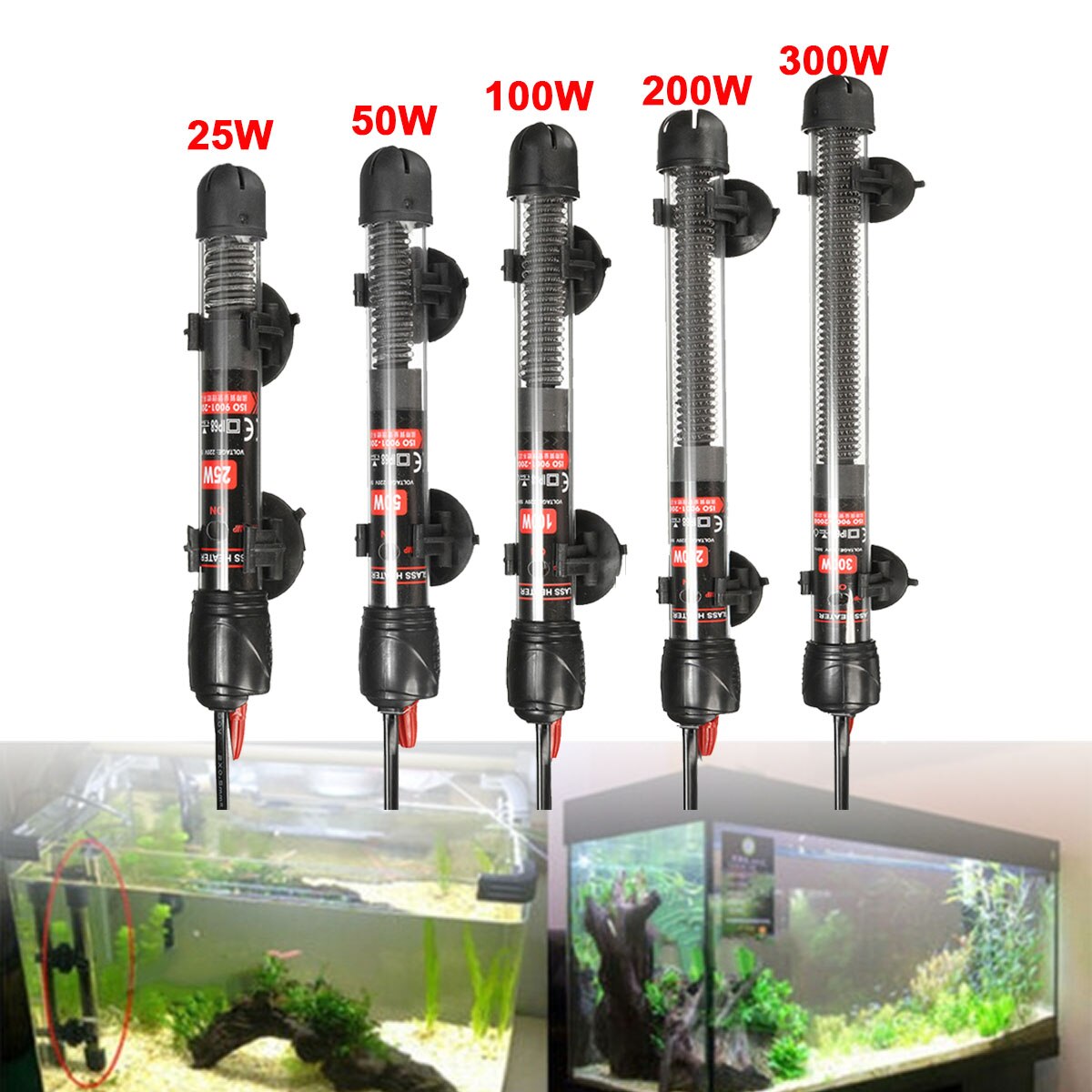 300w/200w/100w/50w/25w Aquarium Heater Fish Tank Submersible Heating Rod Constant Temperature Heater US Plug with Adapter