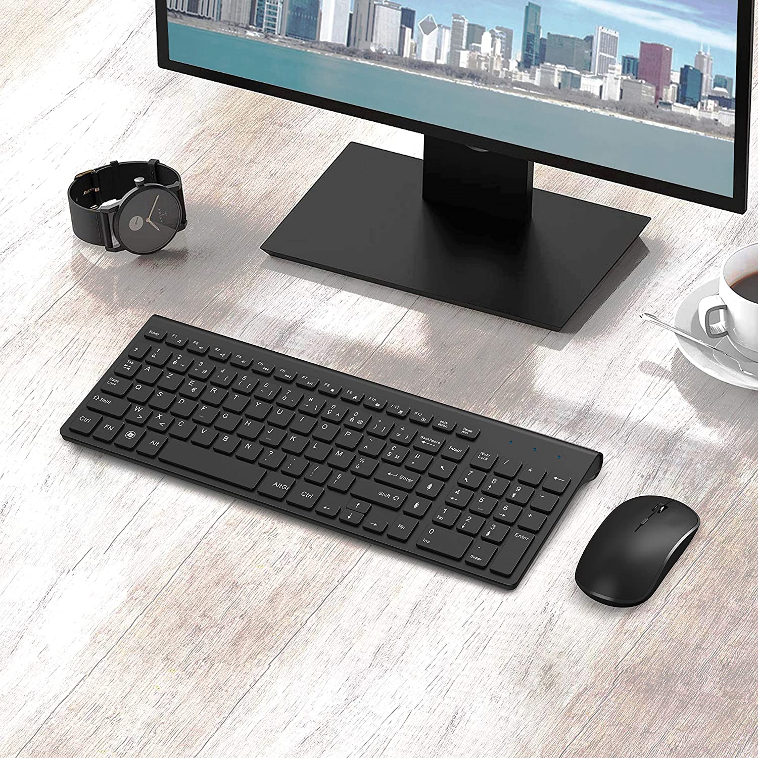 French keyboard wireless mouse and keyboard combination.2.4G.Rechargeable AZERTY keyboard, ergonomic, suitable for PC/laptop/TV