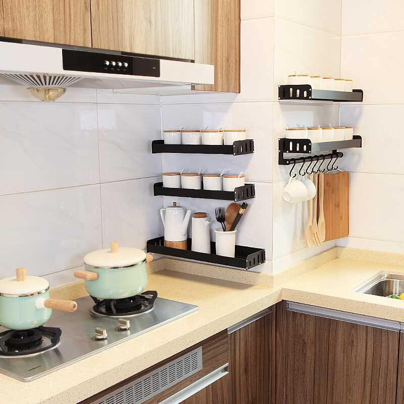 Vægmonterede køkkenreoler til køkkenredskaber kniv pantry aluminium sort hylde opbevaring bestikholder  lw038352