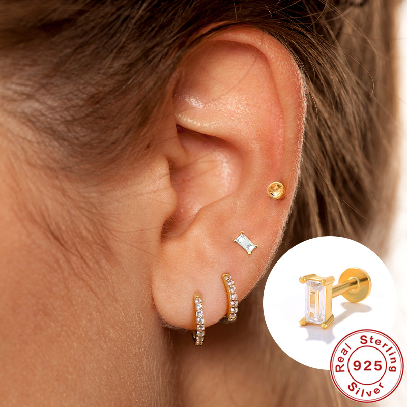 CANNER 1pc 925 Sterling Silver Tragus Piercing Stud Earrings for Women AAAAA Zircon Labret Lip Rings Cartilage Earrings Jewelry