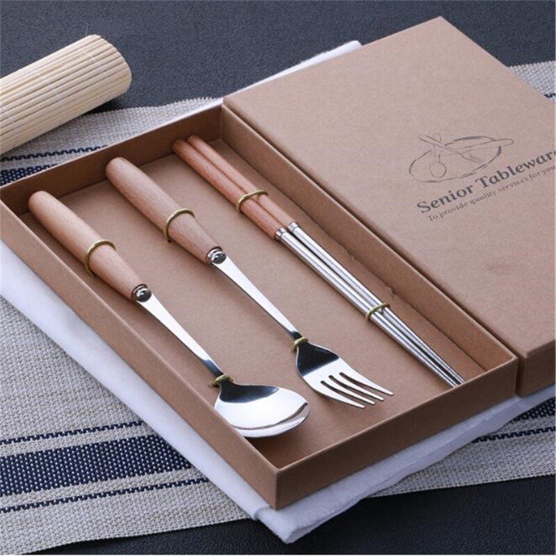 Couverts de luxe couverts en acier inoxydable | Poignée en bois, service de vaisselle de fête à la maison, couteau fourchette cuillère paquet