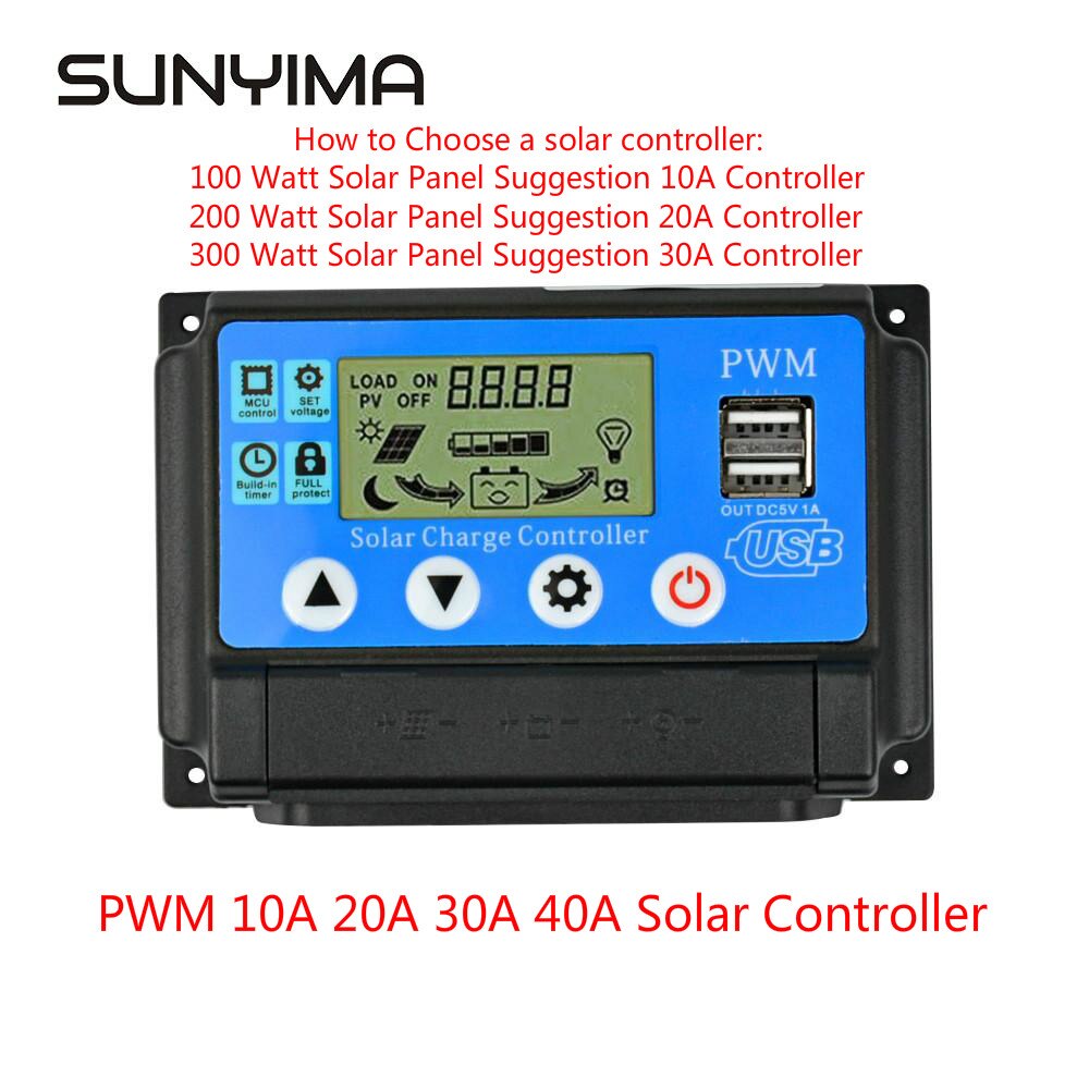 Sunyima 50a 12v 24v auto pwm solar laderegulator 40a 30a 20a 10a for solpaneler regulator controller med dobbelt usb