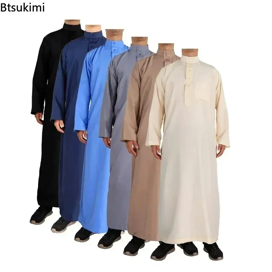 2025 Moslim Midden-oosten Mannen Lange Mouw Arabische Ronde Hals Islamitische Effen Kleur Kaftan Maxi Dubai Lange Jubba Thobe Abaya Kleding