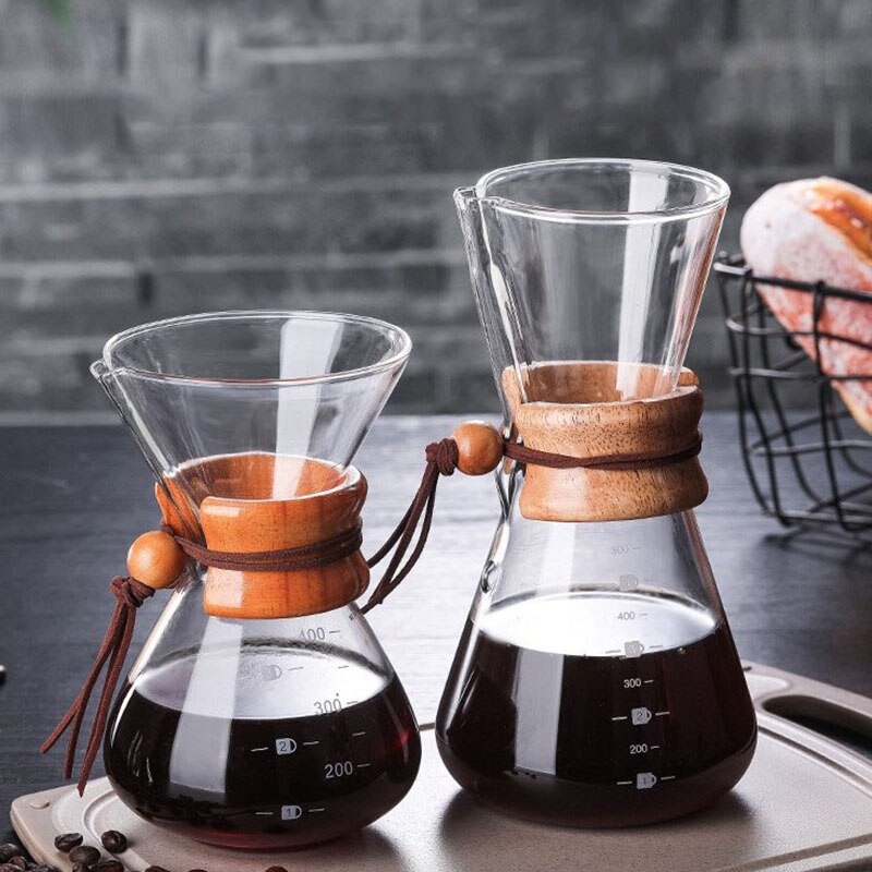 Glas Koffie Pot Met V60 Filter Glas Koffie Percolator Waterkoker Hoge Borosilicate Houten Handvat Koffie Machine 400Ml 600Ml 800Ml