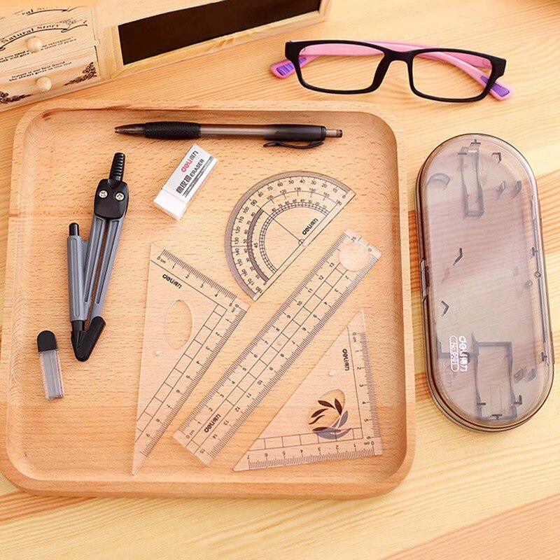 8pcs Set Plastic+metal Geometry Protractor Drawing School Eraser Compasses Set Math Eraser Ruler For Students