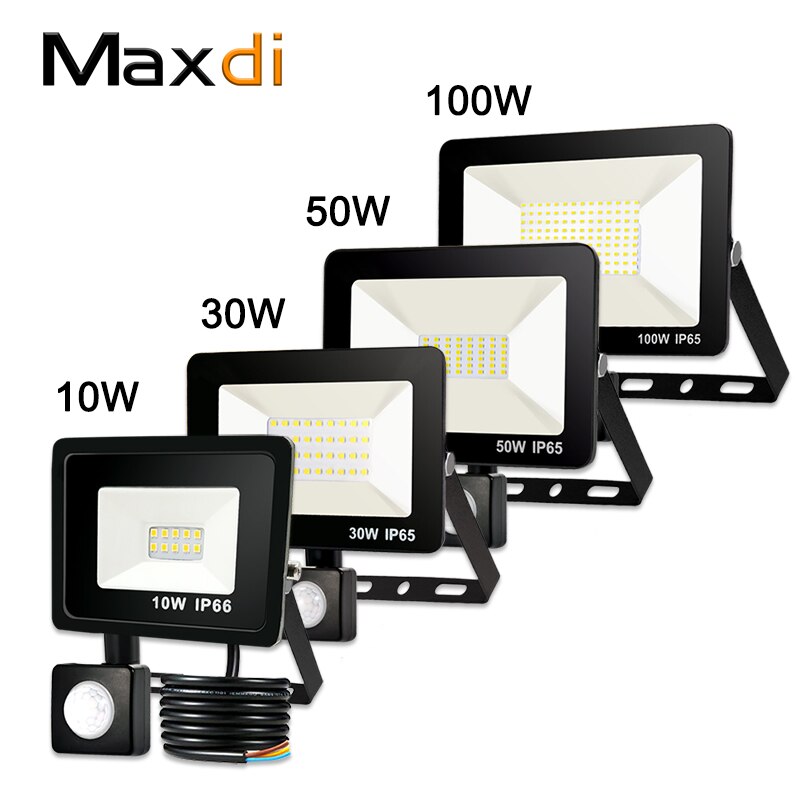 Maxdi 50w 100w ledet søkelyset flomlys, med bevegelsessensor vanntett  ip66 220v vegg utendørs hagebelysning