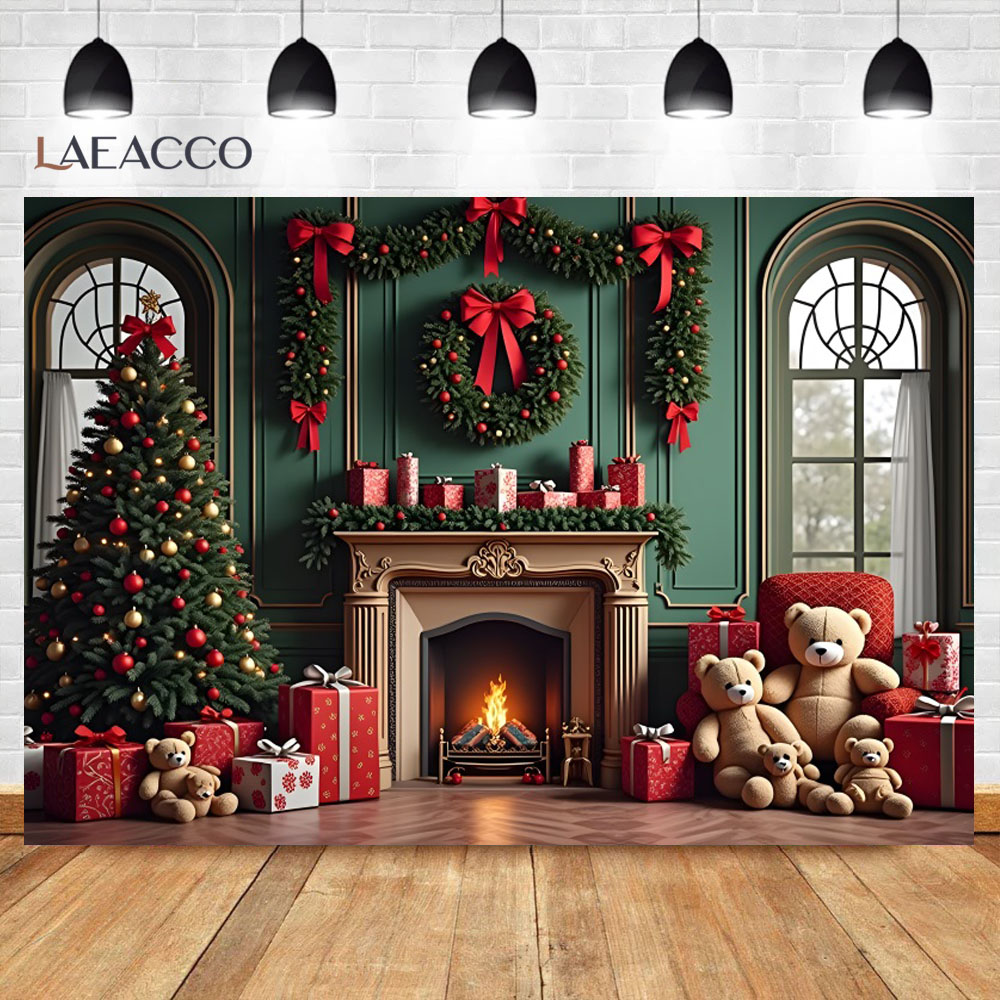Christmas Green Wall Photography Background Interior Vintage Fireplace Xmas Tree Kid Family Party Portrait Backdrop
