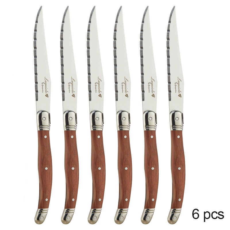 6Pcs Laguiole Steak Messen Vork Set Rvs Japanse Bestek Hout Diner Mes En Vorken Houten Handvat Servies Sets: 6pcs Steak Knives