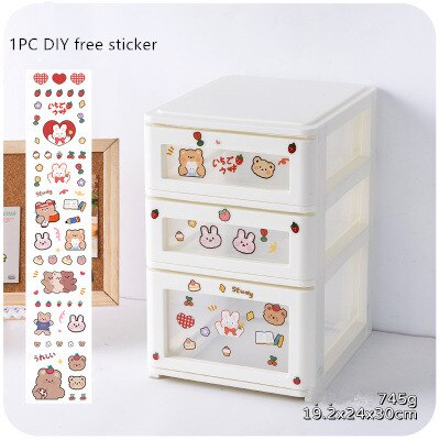 MINKYS Kawaii ABS Drawer Desktop Organizer Desk Storage Box With DIY Free Sticker School Stationery Accessories: 19cm x 24cm x 30cm